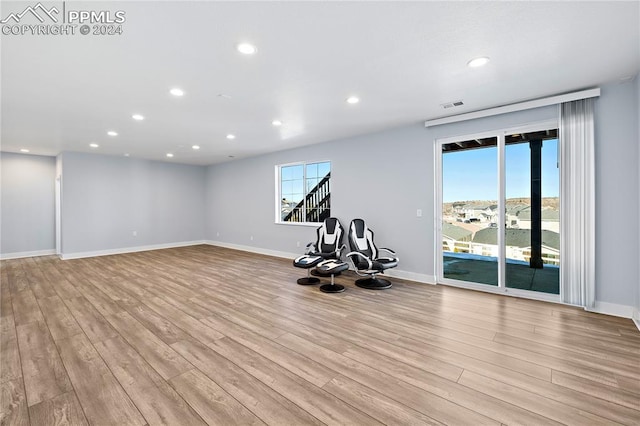 workout area with light hardwood / wood-style flooring