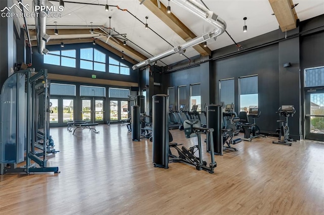 exercise room with hardwood / wood-style floors and high vaulted ceiling