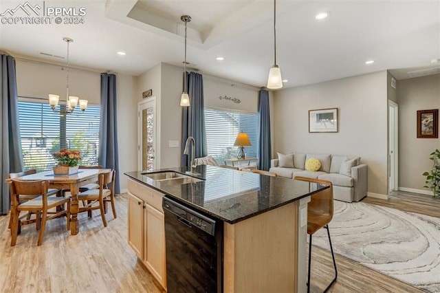 kitchen featuring black dishwasher, sink, a healthy amount of sunlight, and an island with sink