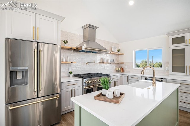 kitchen featuring sink, dark wood-type flooring, exhaust hood, appliances with stainless steel finishes, and decorative backsplash