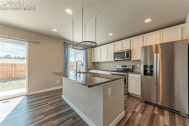 kitchen featuring appliances with stainless steel finishes, an island with sink, white cabinets, a healthy amount of sunlight, and sink