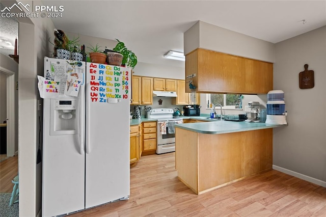 kitchen with light hardwood / wood-style flooring, white appliances, kitchen peninsula, and sink