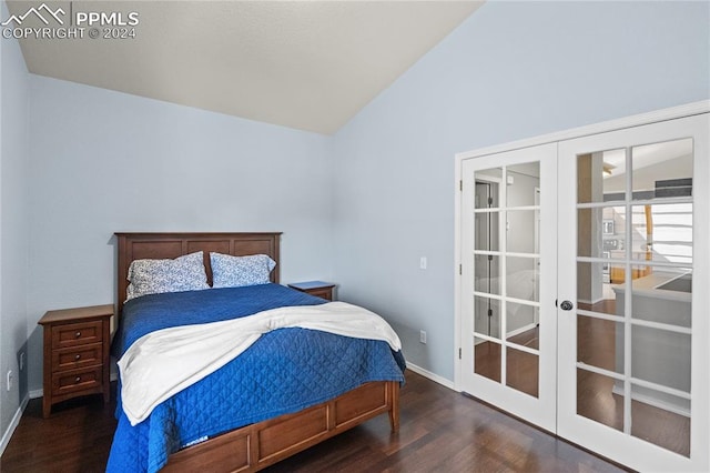 bedroom featuring french doors, lofted ceiling, and dark wood-type flooring