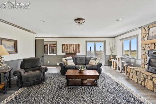 living room with ornamental molding, a wood stove, dark wood-type flooring, and a stone fireplace