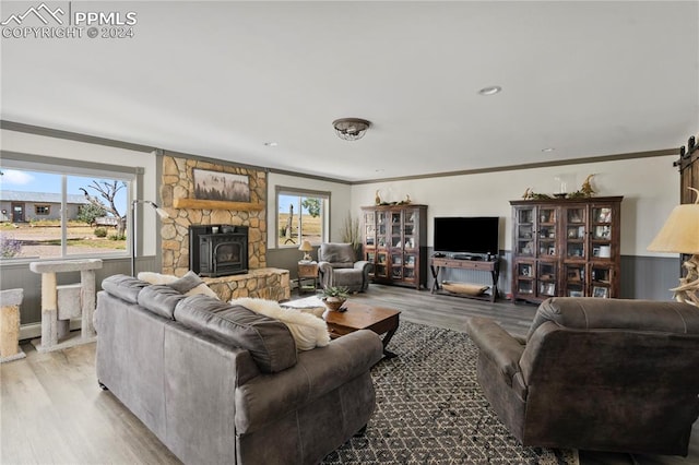 living room featuring light wood-type flooring, a stone fireplace, and plenty of natural light