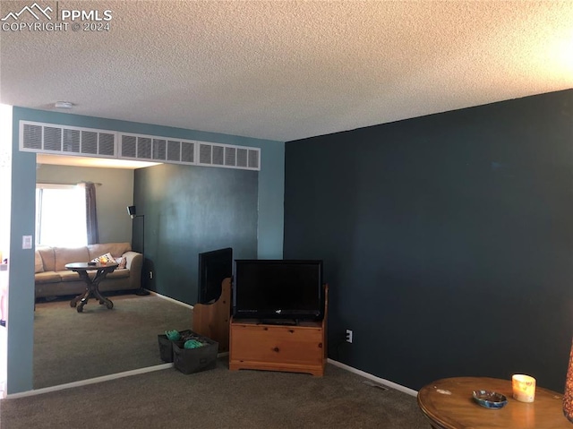 interior space featuring a textured ceiling and carpet