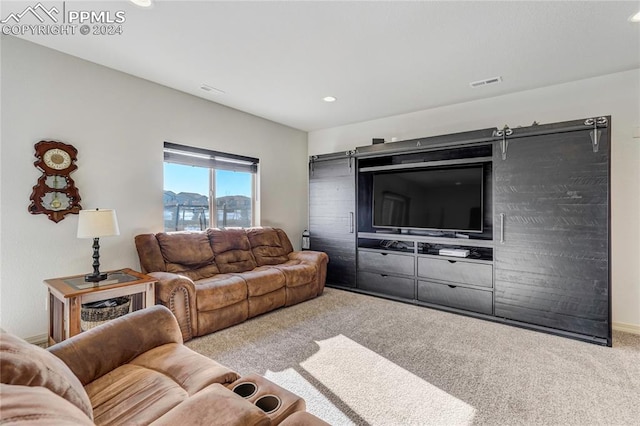 living room featuring light carpet