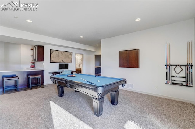 game room with light carpet and billiards