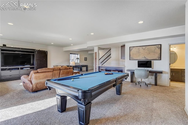 playroom featuring light colored carpet and pool table