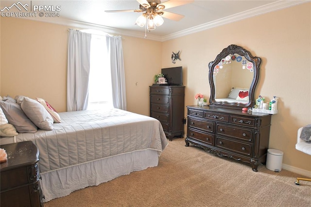 bedroom featuring ceiling fan, light carpet, and ornamental molding