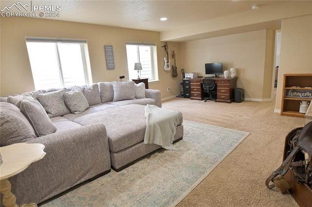 living room with plenty of natural light and carpet floors