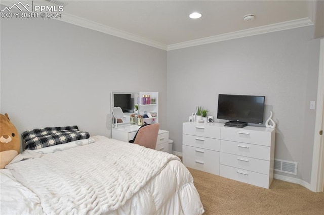 bedroom featuring light carpet and ornamental molding