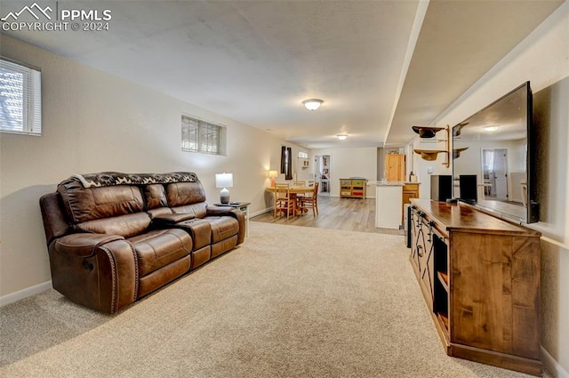 living room featuring light carpet