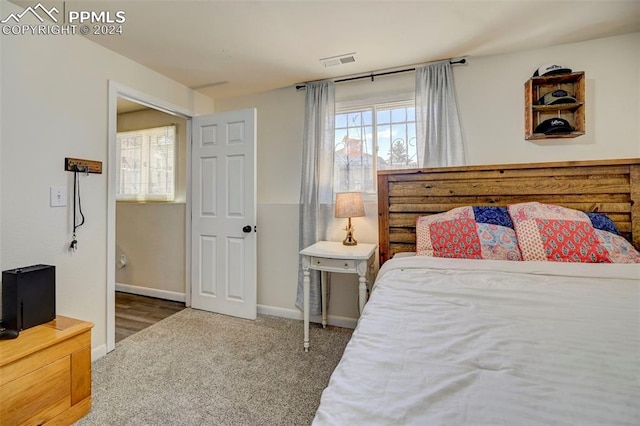 bedroom featuring dark carpet