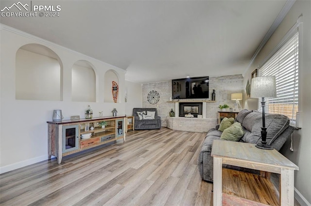 living room with ornamental molding, light hardwood / wood-style floors, and a fireplace