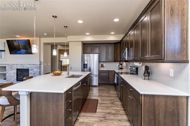 kitchen featuring hanging light fixtures, a stone fireplace, stainless steel appliances, light hardwood / wood-style flooring, and sink