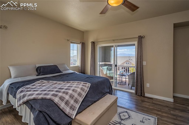 bedroom with dark hardwood / wood-style floors, ceiling fan, and access to exterior