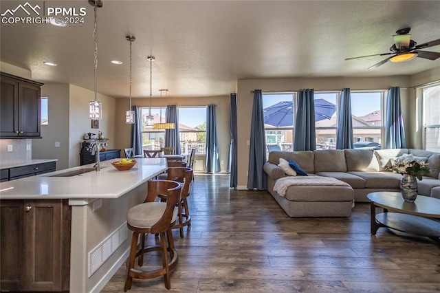 kitchen featuring ceiling fan, decorative light fixtures, plenty of natural light, and sink