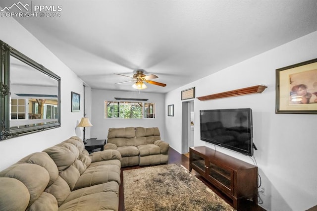 living room featuring ceiling fan and wood-type flooring