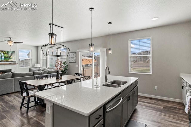 kitchen featuring dark hardwood / wood-style floors, a kitchen island with sink, sink, decorative light fixtures, and stainless steel dishwasher