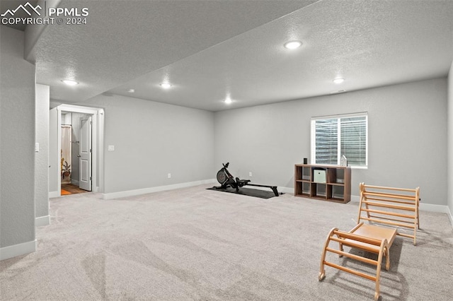 exercise room with light colored carpet and a textured ceiling