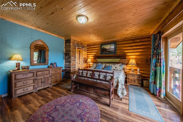 bedroom featuring rustic walls, hardwood / wood-style floors, and wooden ceiling