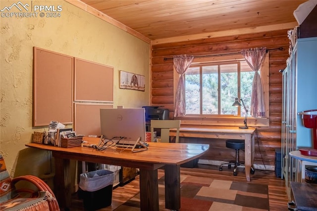 office area featuring log walls, hardwood / wood-style floors, and wooden ceiling