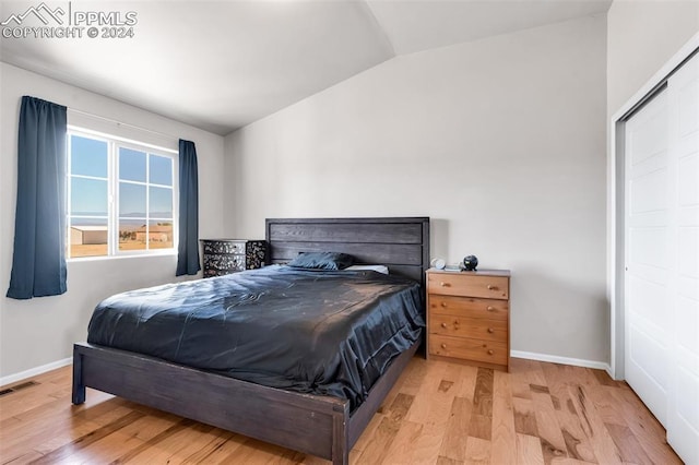 bedroom with light hardwood / wood-style floors, lofted ceiling, and a closet