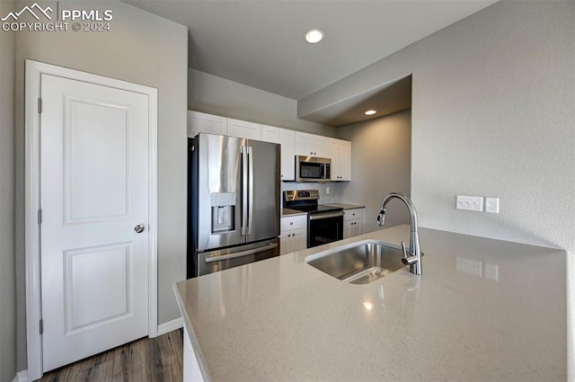 kitchen with white cabinets, stainless steel appliances, dark wood-type flooring, and sink