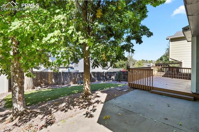 view of yard with a wooden deck and a patio area