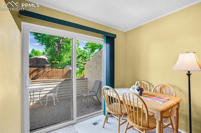 carpeted dining area featuring a textured ceiling