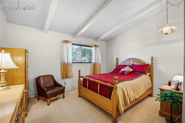 bedroom featuring light colored carpet and lofted ceiling with beams