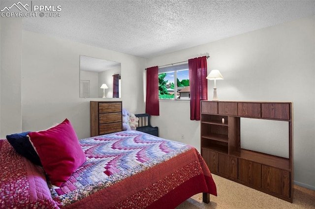 carpeted bedroom with a textured ceiling