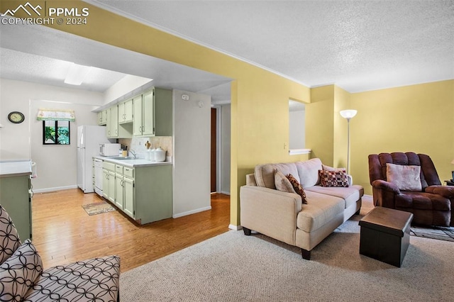 living room with light wood-type flooring, a textured ceiling, and sink