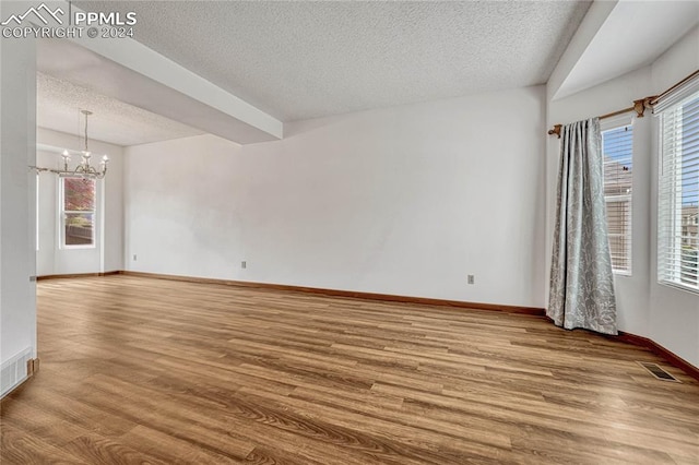 unfurnished room featuring plenty of natural light, light hardwood / wood-style floors, and a textured ceiling