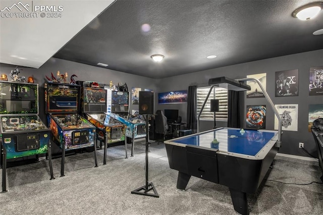 8032 Wheatland Dr, Colorado Springs, CO 80908 - game room featuring a textured ceiling, carpet flooring, and baseboards