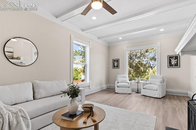 living room with beam ceiling, ceiling fan, light hardwood / wood-style flooring, and a wealth of natural light