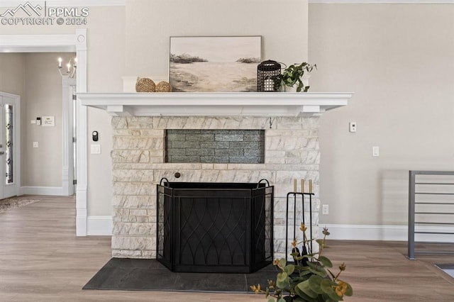 details with wood-type flooring and a fireplace