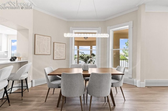 dining room with light hardwood / wood-style flooring, a wealth of natural light, and ornamental molding