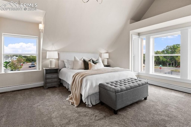 carpeted bedroom with multiple windows, lofted ceiling, and a baseboard radiator