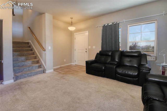 living room featuring light carpet