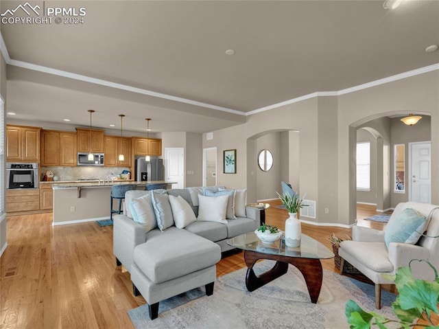 living room featuring ornamental molding and light hardwood / wood-style floors