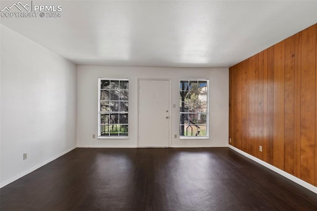 empty room with wood walls and dark wood-type flooring