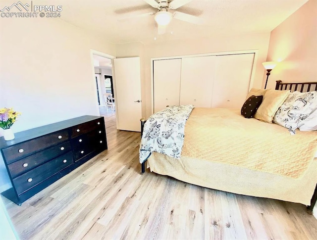 bedroom featuring a closet, light hardwood / wood-style flooring, and ceiling fan