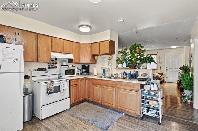 kitchen with light wood-type flooring, white appliances, a textured ceiling, and sink