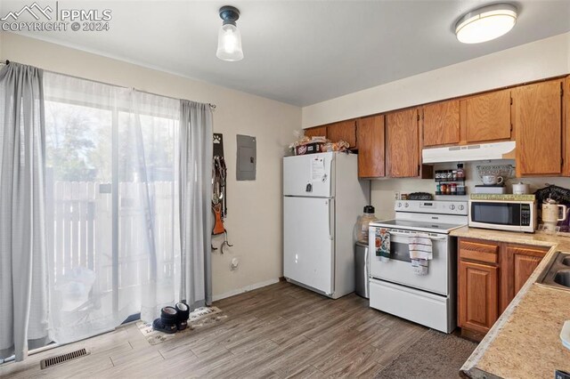 kitchen with light hardwood / wood-style flooring, white appliances, electric panel, and sink