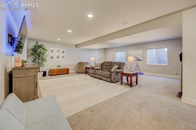 living room featuring light colored carpet