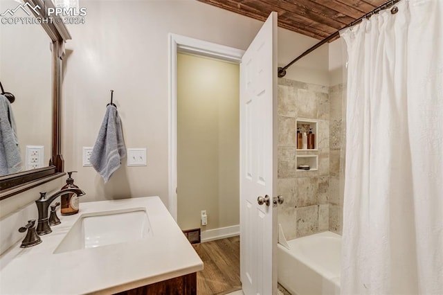 bathroom featuring shower / bath combination with curtain, vanity, wood ceiling, and hardwood / wood-style flooring