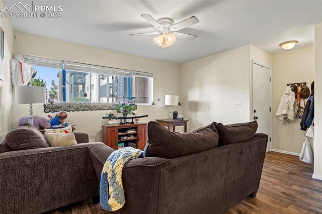 living room with ceiling fan and dark hardwood / wood-style floors