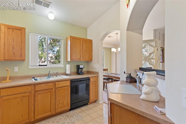 kitchen with dishwasher, sink, a notable chandelier, vaulted ceiling, and decorative light fixtures